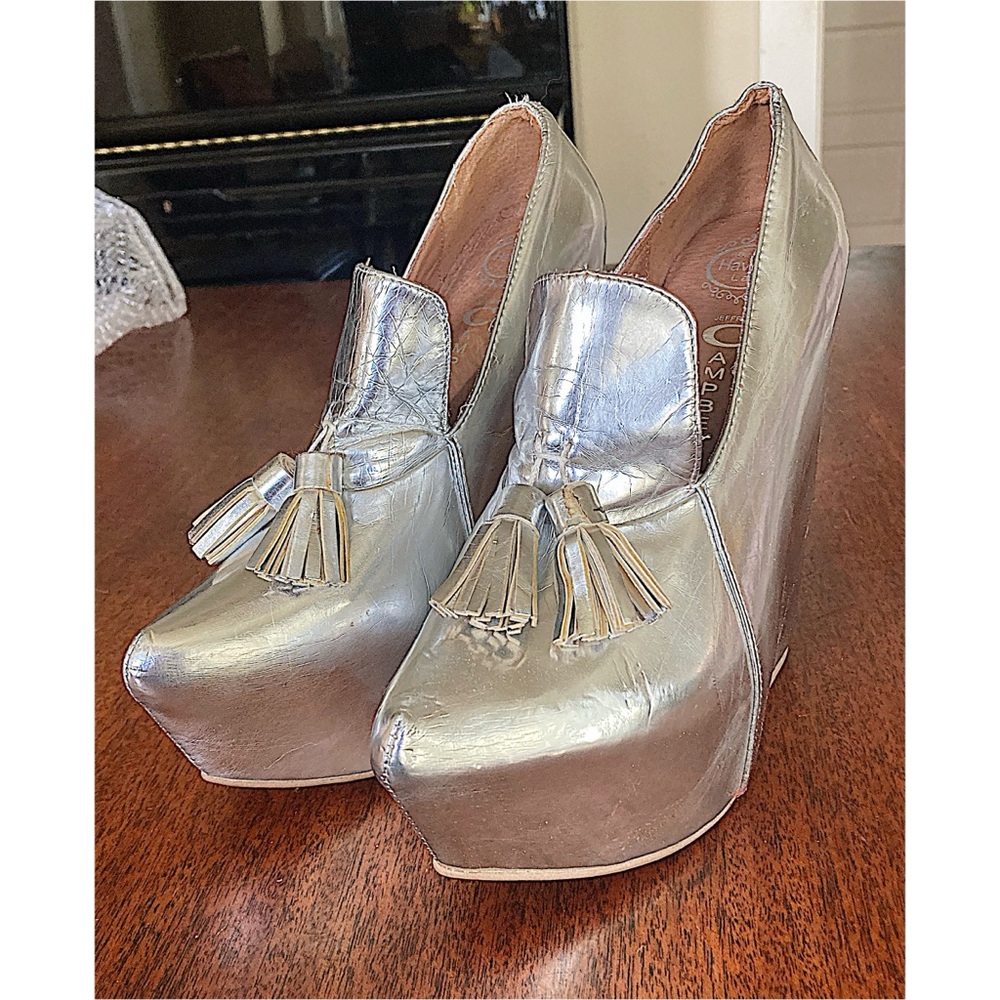 Jeffrey Campbell Silver Metallic Tassel Wedge Loafers